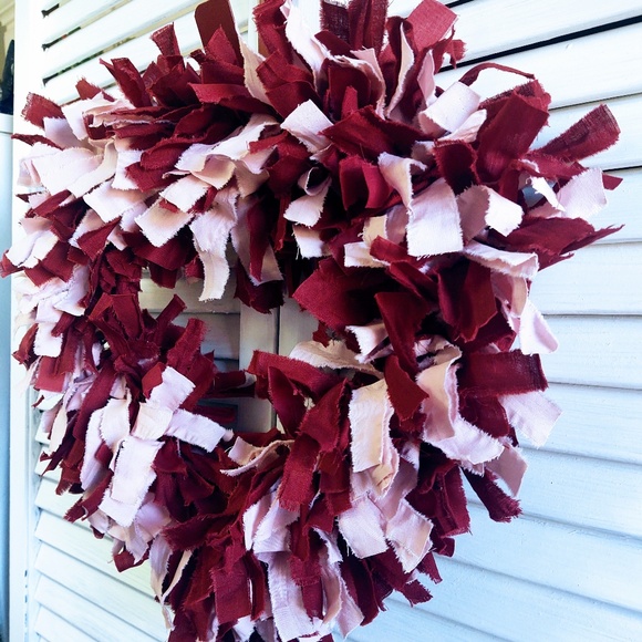 Hand Crafted Pink Maroon Wine Rag Heart Wreath, Shabby Chic, Valentine's Day 15" - Picture 4 of 7